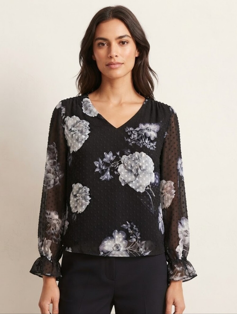 V-Neck Black Floral Long-Sleeve Blouse